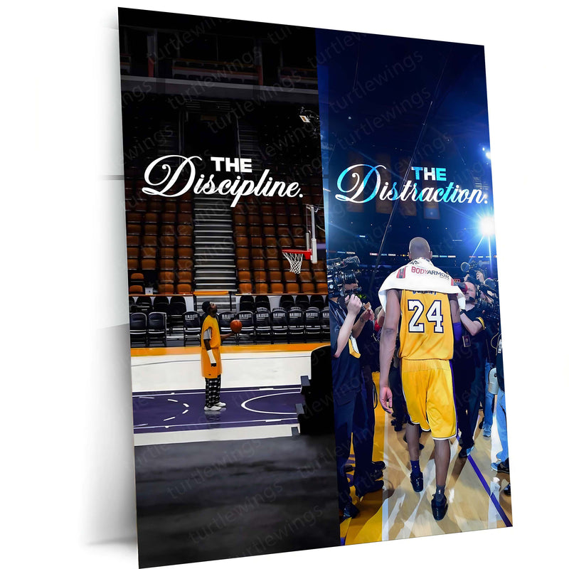 Quote Metal Poster | Kobe Bryant – Discipline Over Distraction Metal Frame | Mamba Mentality Focus Wall Art | Motivational Basketball Quote Metal Poster