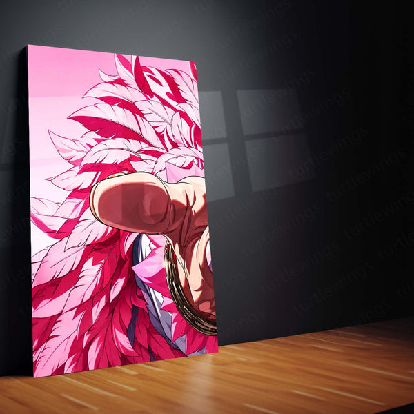 Anime Metal Poster Set of 3 | Donquixote Doflamingo | One Piece Anime Triptych Wall Art | Pink Feather 3 Panel Metal Print
