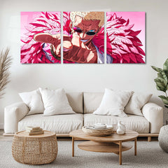 Anime Metal Poster Set of 3 | Donquixote Doflamingo | One Piece Anime Triptych Wall Art | Pink Feather 3 Panel Metal Print