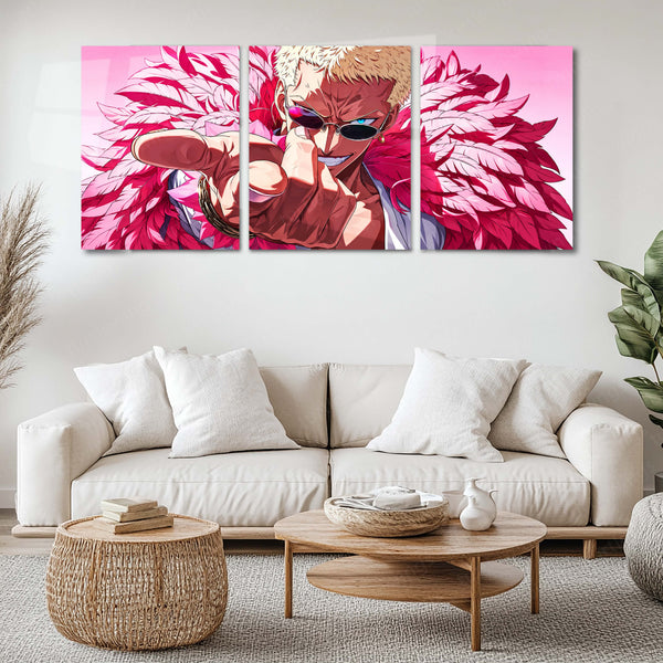 Anime Metal Poster Set of 3 | Donquixote Doflamingo | One Piece Anime Triptych Wall Art | Pink Feather 3 Panel Metal Print