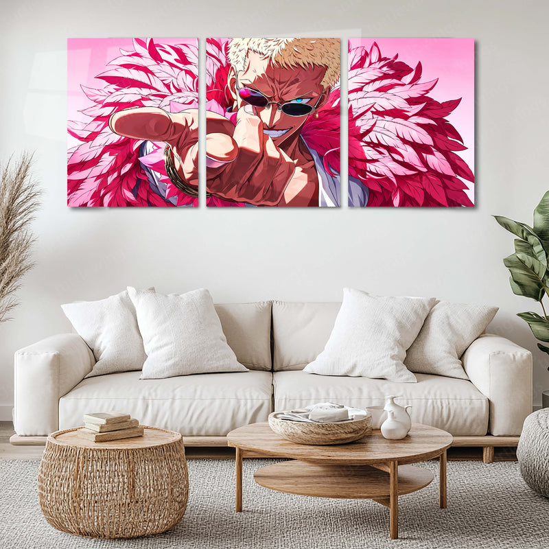 Anime Metal Poster Set of 3 | Donquixote Doflamingo | One Piece Anime Triptych Wall Art | Pink Feather 3 Panel Metal Print