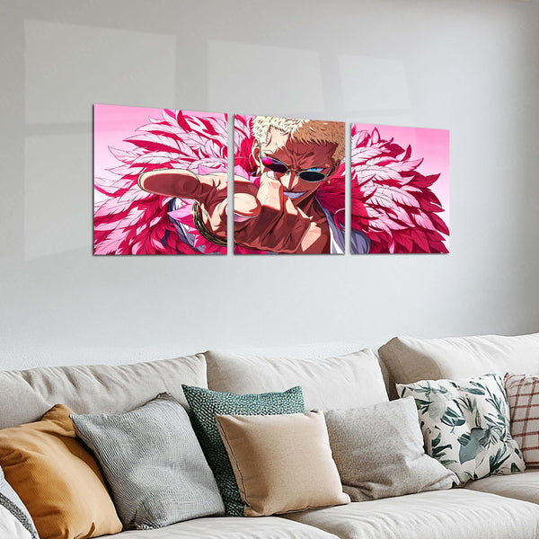 Anime Metal Poster Set of 3 | Donquixote Doflamingo | One Piece Anime Triptych Wall Art | Pink Feather 3 Panel Metal Print