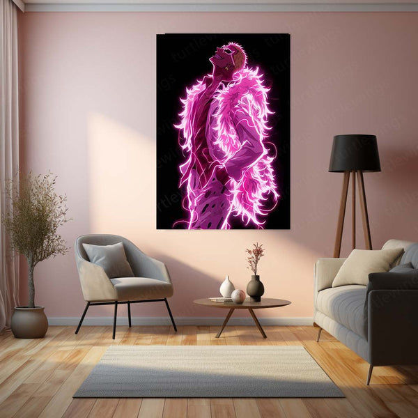 Anime Metal Poster | Donquixote Doflamingo Glow One Piece Villain Metal Poster | Anime Wall Frame