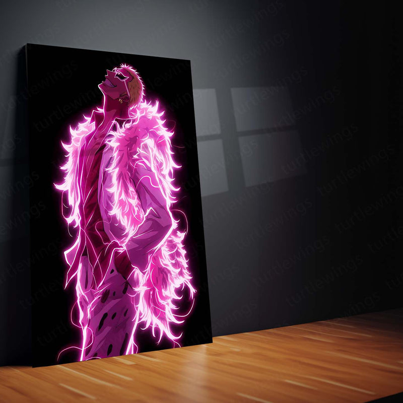 Anime Metal Poster | Donquixote Doflamingo Glow One Piece Villain Metal Poster | Anime Wall Frame