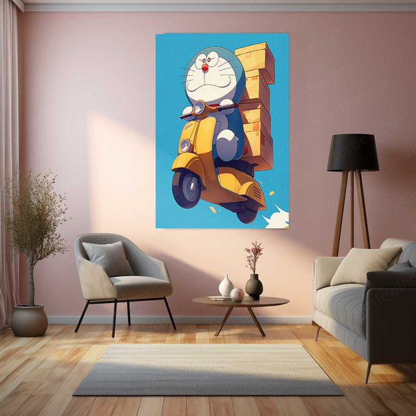 Doraemon’s Delivery Ride – Retro Scooter Adventure Metal Poster | Classic Anime Wall Frame