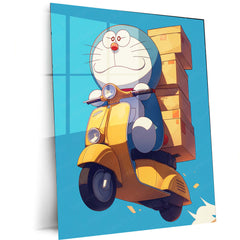 Doraemon’s Delivery Ride – Retro Scooter Adventure Metal Poster | Classic Anime Wall Frame