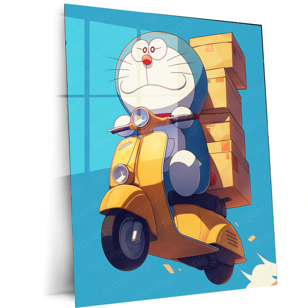 Doraemon’s Delivery Ride – Retro Scooter Adventure Metal Poster | Classic Anime Wall Frame