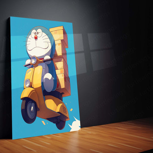 Doraemon’s Delivery Ride – Retro Scooter Adventure Metal Poster | Classic Anime Wall Frame