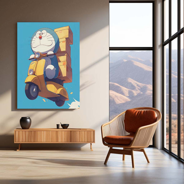 Doraemon’s Delivery Ride – Retro Scooter Adventure Metal Poster | Classic Anime Wall Frame