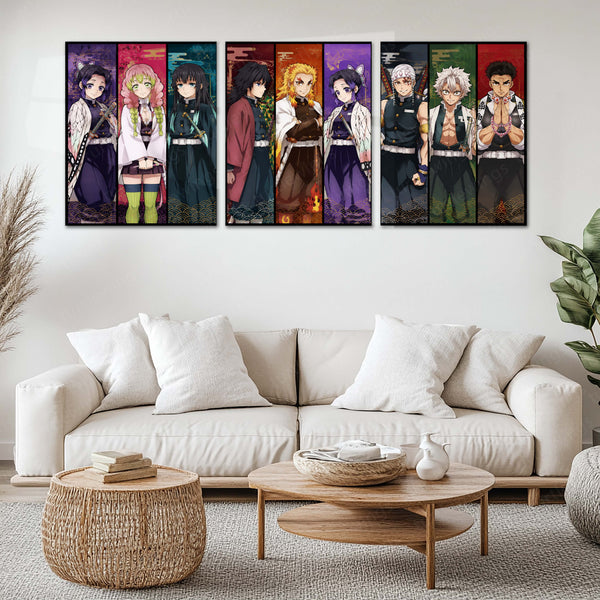 Anime Metal Poster Set of 3 | Demon Slayer Hashira | Nine Hashira Character Lineup Triptych Wall Art – main product image