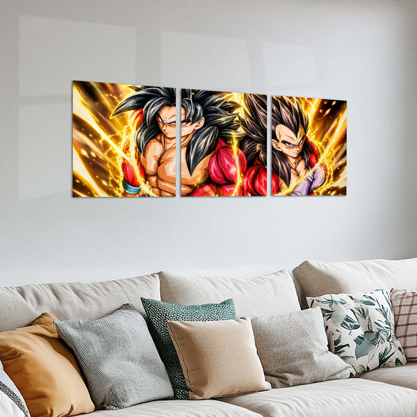 Anime Metal Poster Set of 3 | Dragon Ball GT | Super Saiyan 4 Goku & Vegeta Golden Energy Triptych Wall Art