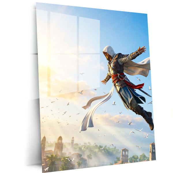 Game Metal Poster | Assassin’s Creed Leap of Faith Metal Poster | Epic Assassin Skyline Wall Art | Cinematic Gaming Metal Print