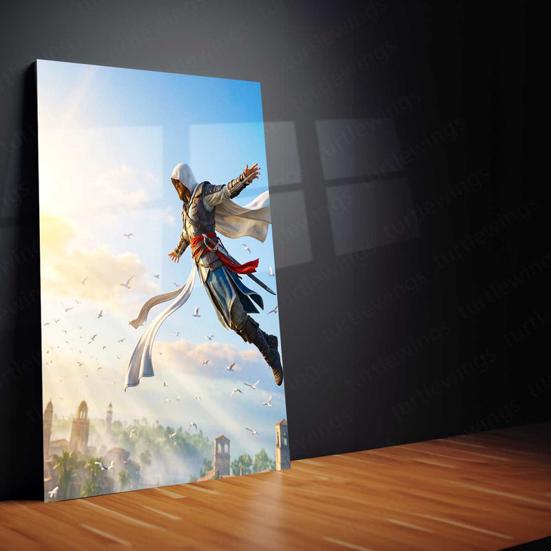 Game Metal Poster | Assassin’s Creed Leap of Faith Metal Poster | Epic Assassin Skyline Wall Art | Cinematic Gaming Metal Print