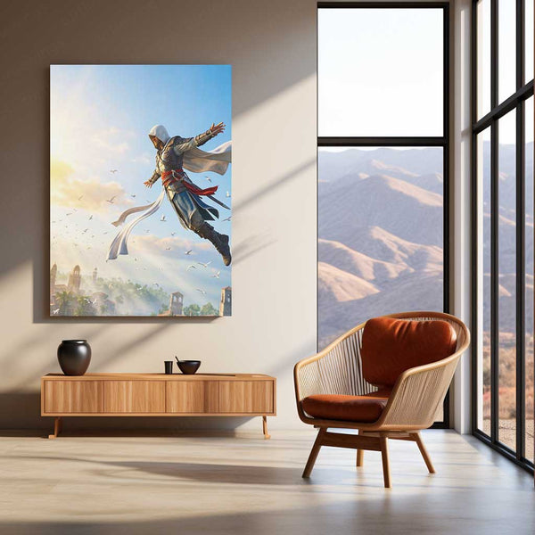 Game Metal Poster | Assassin’s Creed Leap of Faith Metal Poster | Epic Assassin Skyline Wall Art | Cinematic Gaming Metal Print