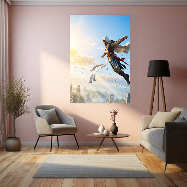 Game Metal Poster | Assassin’s Creed Leap of Faith Metal Poster | Epic Assassin Skyline Wall Art | Cinematic Gaming Metal Print