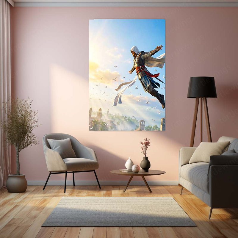 Game Metal Poster | Assassin’s Creed Leap of Faith Metal Poster | Epic Assassin Skyline Wall Art | Cinematic Gaming Metal Print