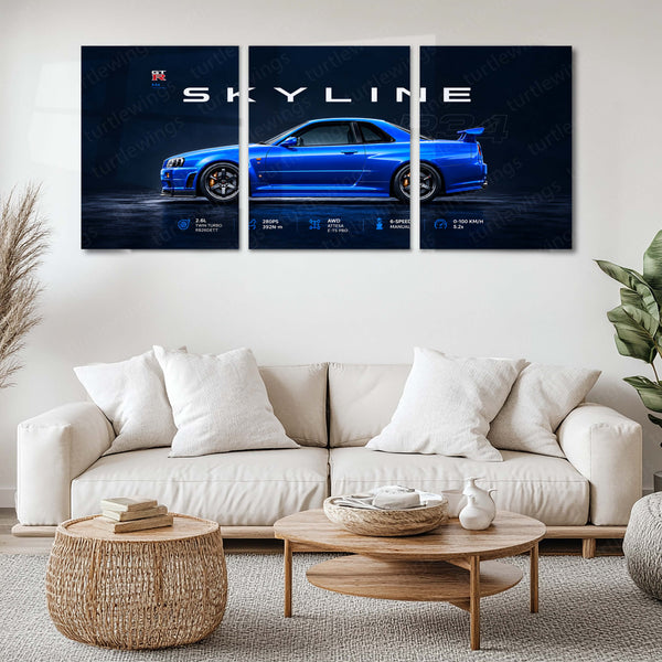 Car Metal Poster Set of 3 | Nissan Skyline GT-R R34 | Electric Blue JDM Sports Car Triptych Wall Art | Premium Automotive Metal Print