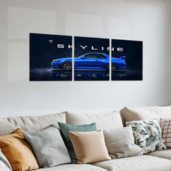 Car Metal Poster Set of 3 | Nissan Skyline GT-R R34 | Electric Blue JDM Sports Car Triptych Wall Art | Premium Automotive Metal Print