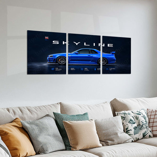 Car Metal Poster Set of 3 | Nissan Skyline GT-R R34 | Electric Blue JDM Sports Car Triptych Wall Art | Premium Automotive Metal Print