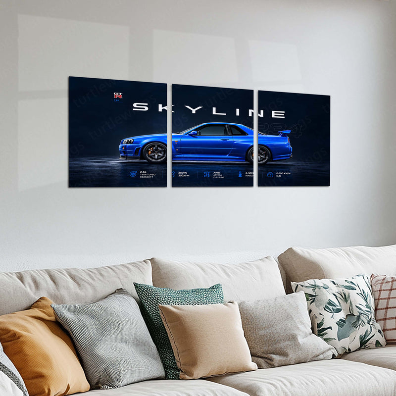 Car Metal Poster Set of 3 | Nissan Skyline GT-R R34 | Electric Blue JDM Sports Car Triptych Wall Art | Premium Automotive Metal Print