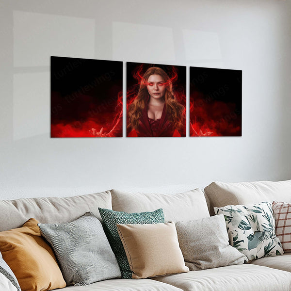 Superhero Metal Poster Set of 3 | Red Magic Heroine | Scarlet Energy Triptych Wall Art – product image 2