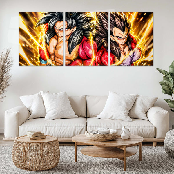 Anime Metal Poster Set of 3 | Dragon Ball GT | Super Saiyan 4 Goku & Vegeta Golden Energy Triptych Wall Art