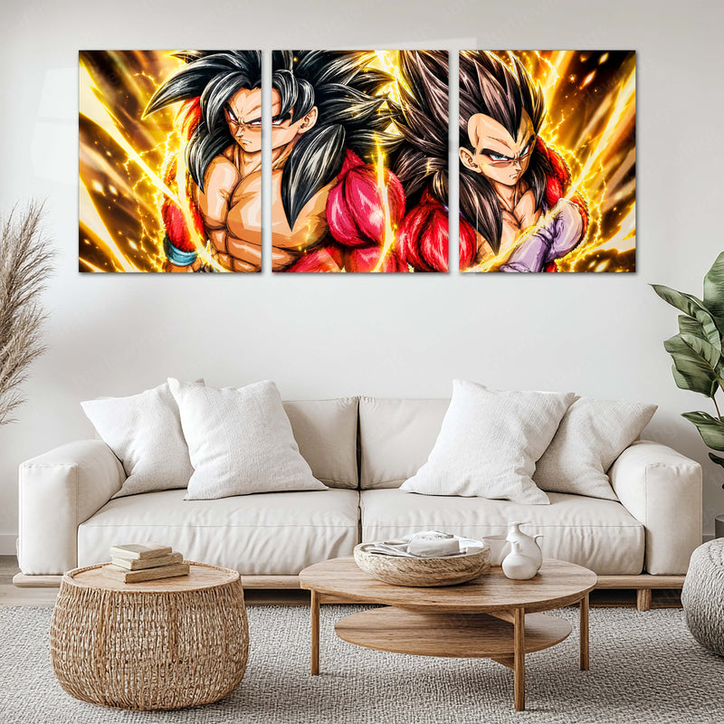 Anime Metal Poster Set of 3 | Dragon Ball GT | Super Saiyan 4 Goku & Vegeta Golden Energy Triptych Wall Art