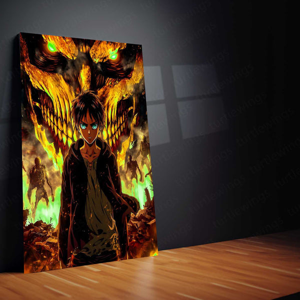 Anime Metal Poster | Attack on Titan Metal Poster | Eren Yeager & Attack Titan Inferno Wall Art | Epic Titan Anime Metal Frame