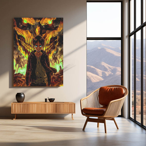 Anime Metal Poster | Attack on Titan Metal Poster | Eren Yeager & Attack Titan Inferno Wall Art | Epic Titan Anime Metal Frame