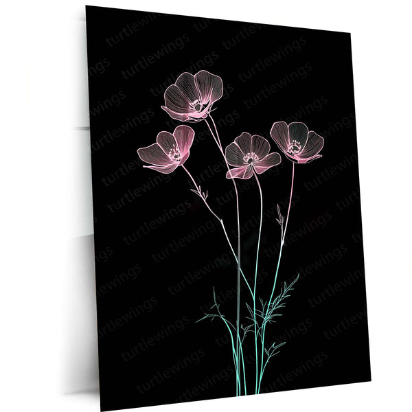 Ethereal Floral Metal Poster | Minimalist Neon Botanical Wall Art | Elegant Contemporary Floral Metal Frame by TurtleWings