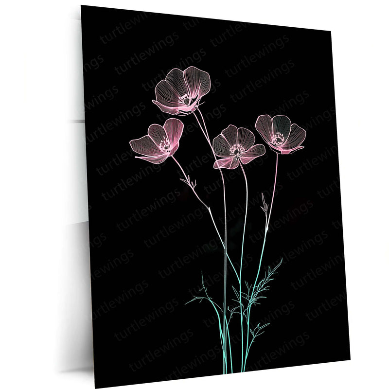 Ethereal Floral Metal Poster | Minimalist Neon Botanical Wall Art | Elegant Contemporary Floral Metal Frame by TurtleWings