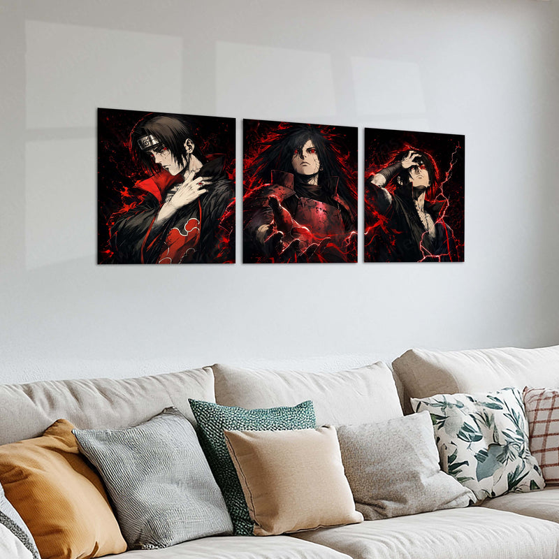 Anime Metal Poster Set of 3 | Naruto | Itachi Uchiha & Madara Uchiha Sharingan Red Lightning Triptych Wall Art