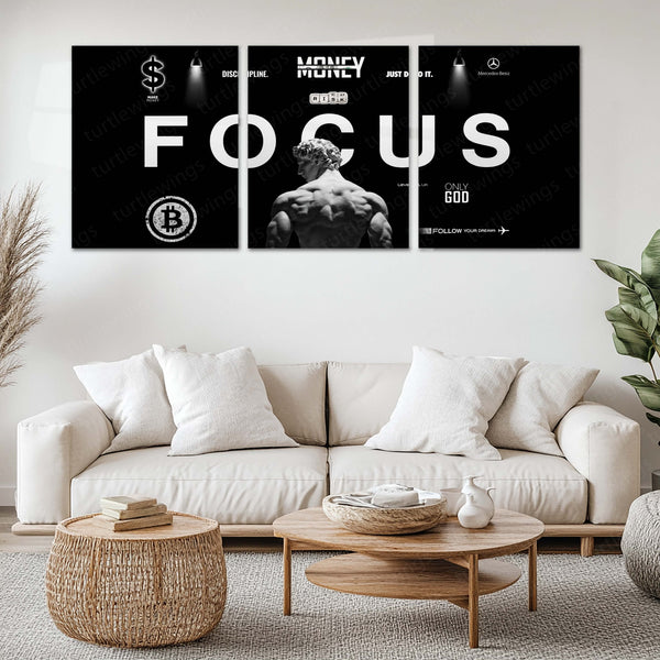Motivational Metal Poster Set of 3 | Focus | Discipline Money & Success Mindset Triptych Wall Art – main product image