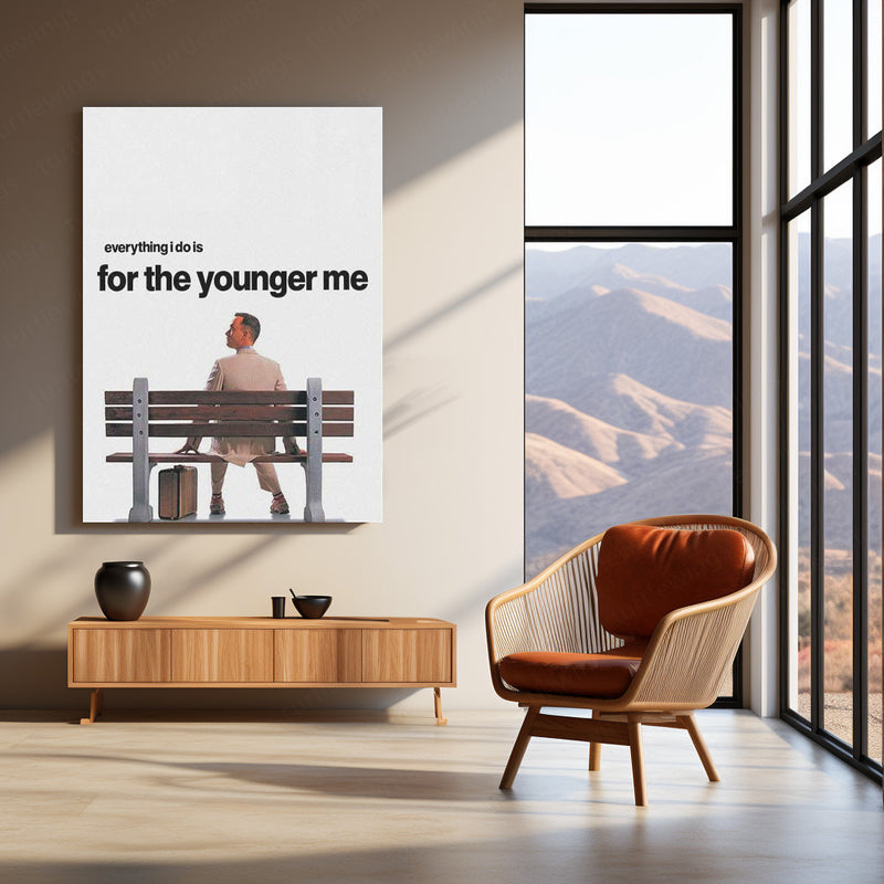 Forrest Gump on Bench – “Everything I Do Is for the Younger Me” Metal Poster | Emotional Growth Wall Art