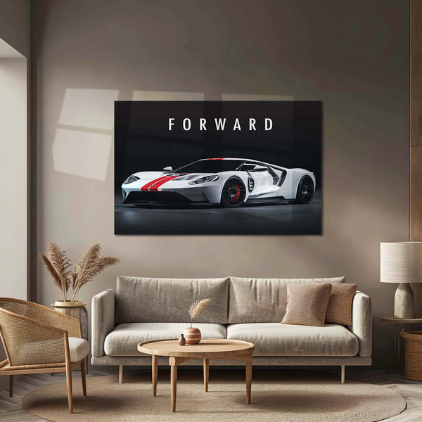 Forward – Ford GT White with Red Stripe Metal Poster | American Supercar Wall Art