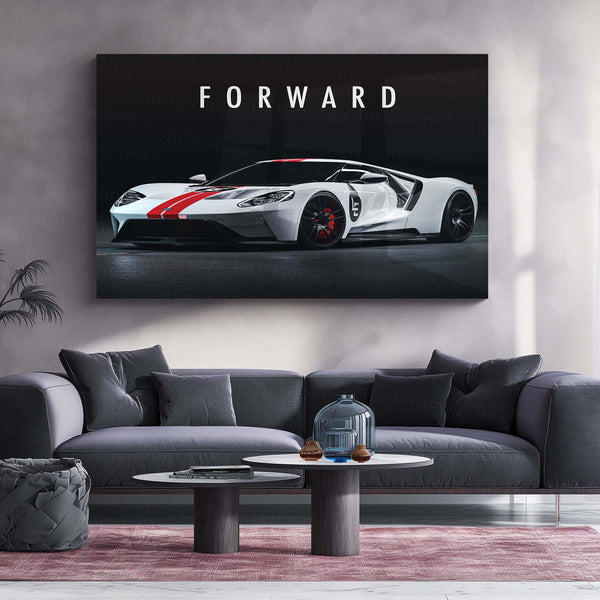 Forward – Ford GT White with Red Stripe Metal Poster | American Supercar Wall Art