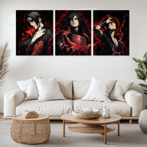 Anime Metal Poster Set of 3 | Naruto | Itachi Uchiha & Madara Uchiha Sharingan Red Lightning Triptych Wall Art