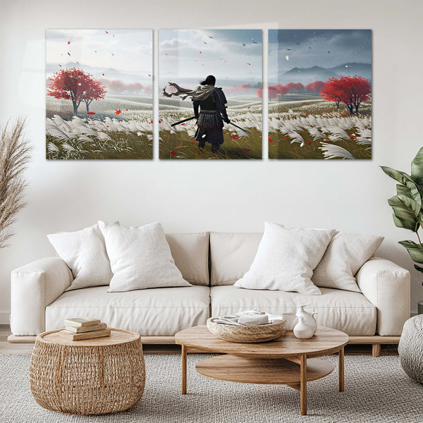 Japanese Warrior Metal Poster Set of 3 | Samurai | Red Maple Field Triptych Wall Art – main product image