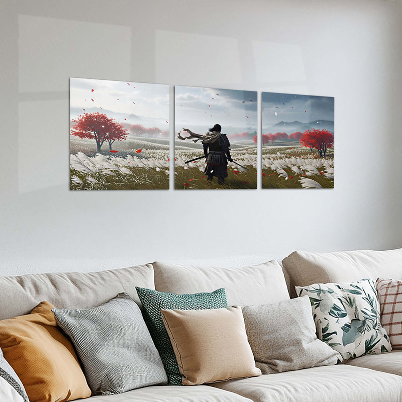 Japanese Warrior Metal Poster Set of 3 | Samurai | Red Maple Field Triptych Wall Art – product image 2