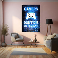 Game Metal Poster | Gamers Don’t Die We Respawn – Neon Metal Poster | Gaming Wall Frame