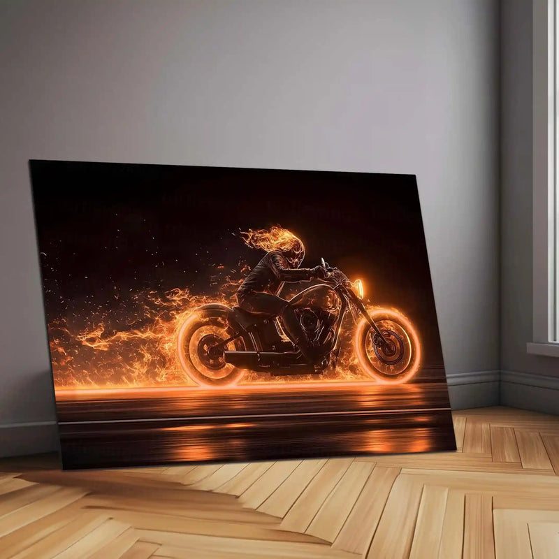 Ghost Rider Neon LED Metal Frame | Flaming Skull Bike Poster | Fire Rider Dark Wall Art - TURTLEWINGS 