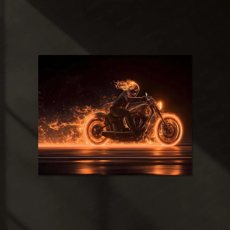 Ghost Rider Neon LED Metal Frame | Flaming Skull Bike Poster | Fire Rider Dark Wall Art - TURTLEWINGS 