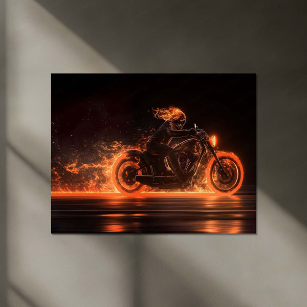 Ghost Rider Neon LED Metal Frame | Flaming Skull Bike Poster | Fire Rider Dark Wall Art