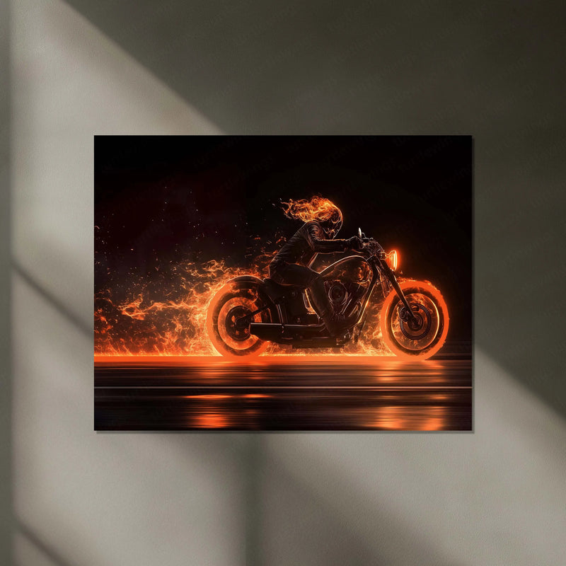 Ghost Rider Neon LED Metal Frame | Flaming Skull Bike Poster | Fire Rider Dark Wall Art - TURTLEWINGS 