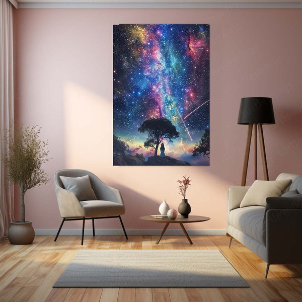 Girl Under Starry Sky Metal Frame | Dreamy Night Sky Aesthetic Wall Art - TURTLEWINGS 
