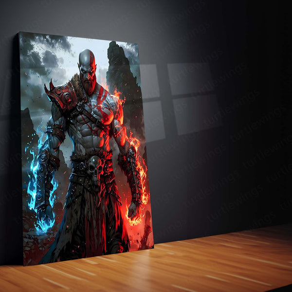 God of War – Kratos with Fire & Ice Fury Metal Poster | Leviathan Axe & Blades of Chaos Wall Frame