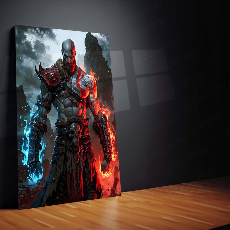 God of War – Kratos with Fire & Ice Fury Metal Poster | Leviathan Axe & Blades of Chaos Wall Frame