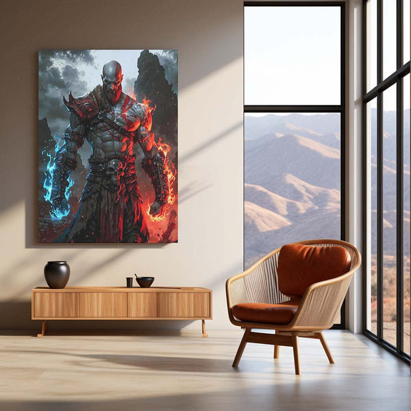God of War – Kratos with Fire & Ice Fury Metal Poster | Leviathan Axe & Blades of Chaos Wall Frame