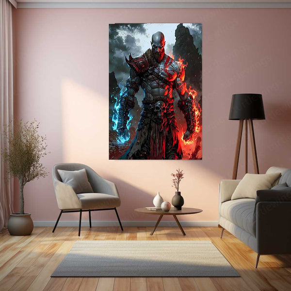 God of War – Kratos with Fire & Ice Fury Metal Poster | Leviathan Axe & Blades of Chaos Wall Frame