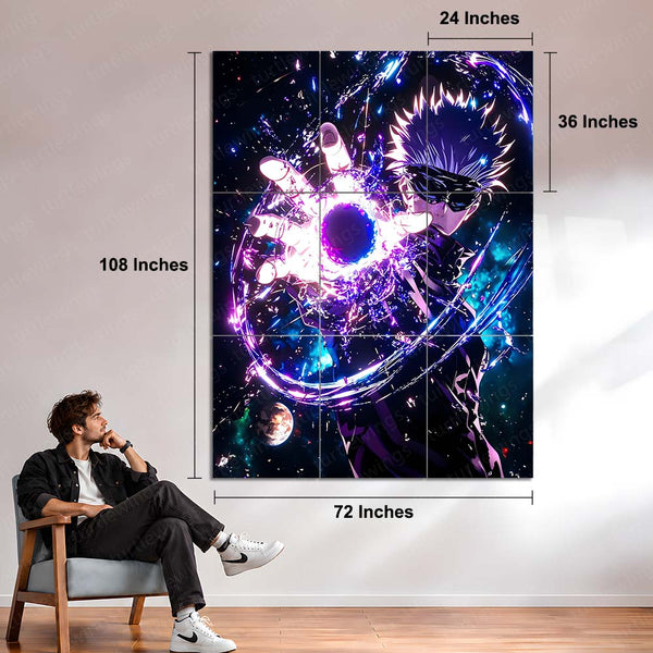 Anime Metal Poster Set of 9 | Gojo Satoru | Jujutsu Kaisen Hollow Purple Wall Art | Blindfolded Gojo Anime 9 Panel Metal Print